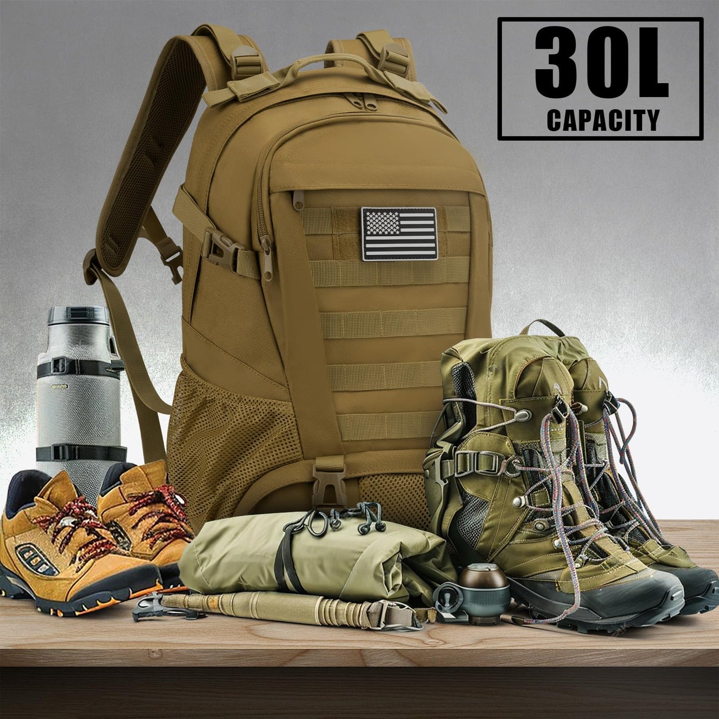 Jueachy Tactical Backpack for Men Hiking Day Pack Molle Military Rucksack Waterproof 30L EDC Bag with USA Flag Patch