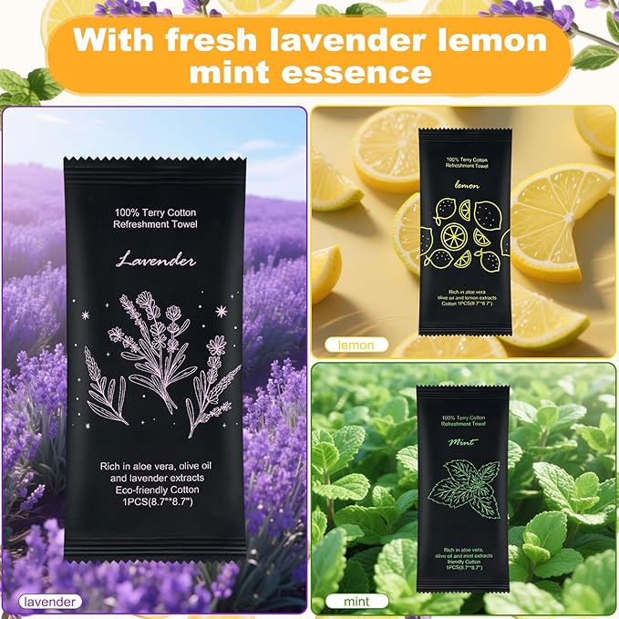 Moist Cotton Towel Bulk Moist Towelettes Individually Wrapped 8.7" x 8.7",White Towel Services,Refreshment Pre Moistened Towels Lavender, Lemon and Mint for Sport Party Spa （pack of 150)