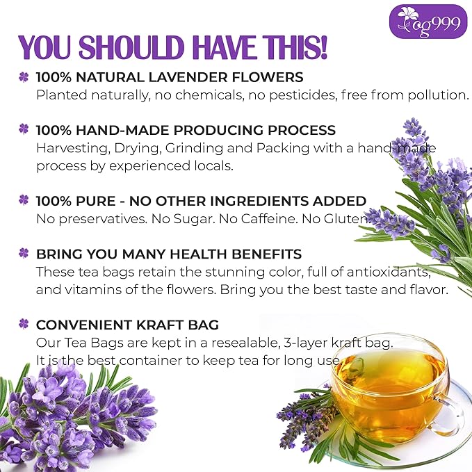 TOG999, Premium 30 Lavender Flower Tea Bags, 100% Natural & Pure from Lavender Flowers. Loose Flower Lavender Herbal Tea. Lavender Flower Tea. No Sugar, No Caffeine, No Gluten, Vegan.