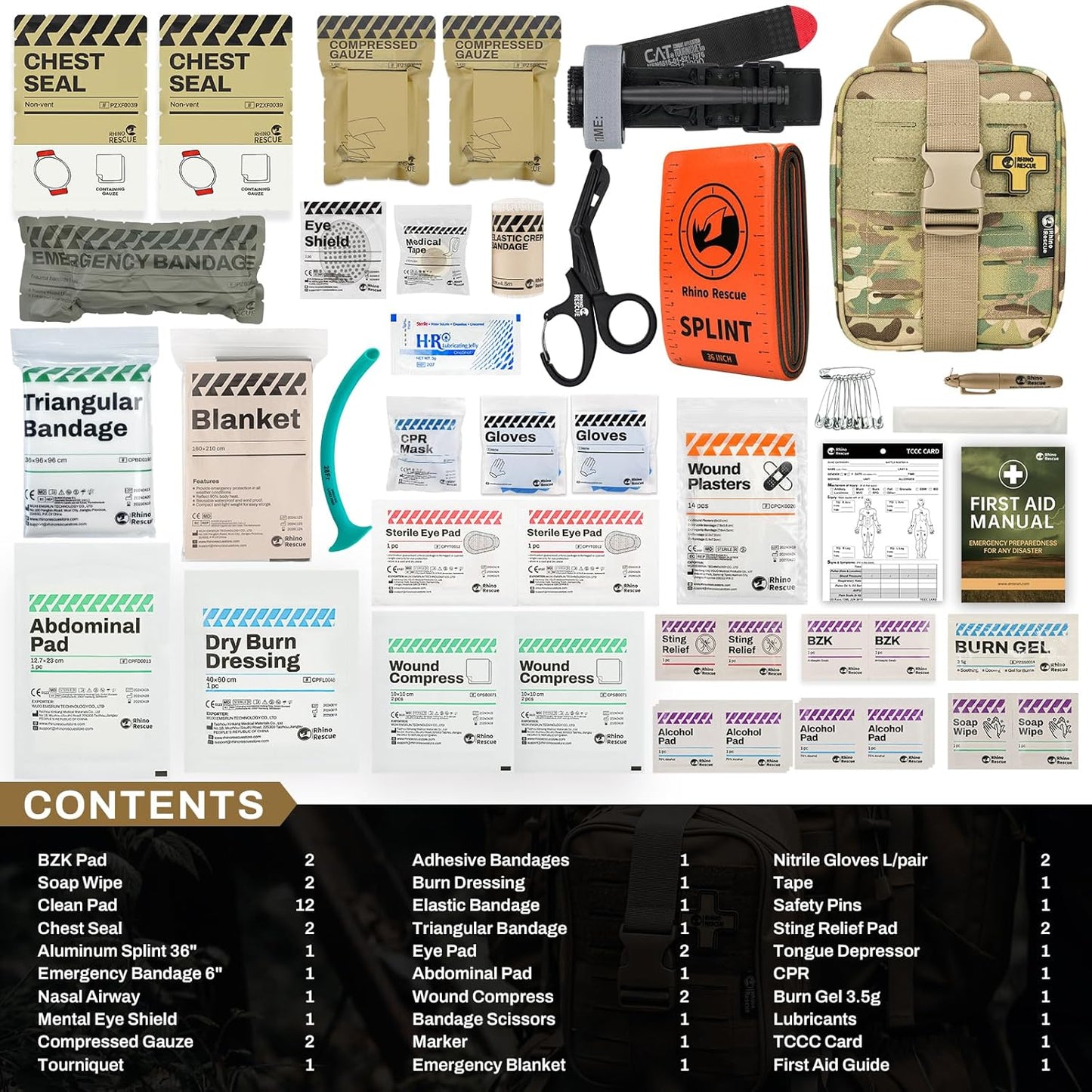 RHINO RESCUE Bundle-IFAK Trauma Kit with C-A-T Tourniquet, Tactical First Aid Kit Molle Pouch for Military+First Aid Splint 36" X 4.3" Orange-Gray