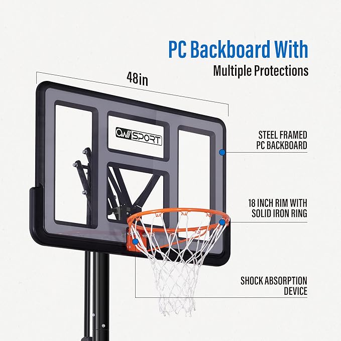 Portable Basketball Hoop Outdoor, 4.8-10FT Height Adjustable Basketball Hoop Goal System with 44-48 Inch Impact Backboard and Portable Wheels for Adults