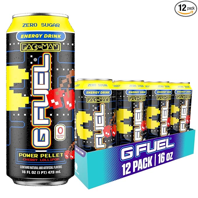 G Fuel Energy Drink, Cherry Lollipop, Sugar Free Beverage with 140mg Caffeine, Daily Energy Boost with Focus Amino, Vitamin + Antioxidants, 16 oz Cans (Pac-Man Power Pellet, 12-Pack)