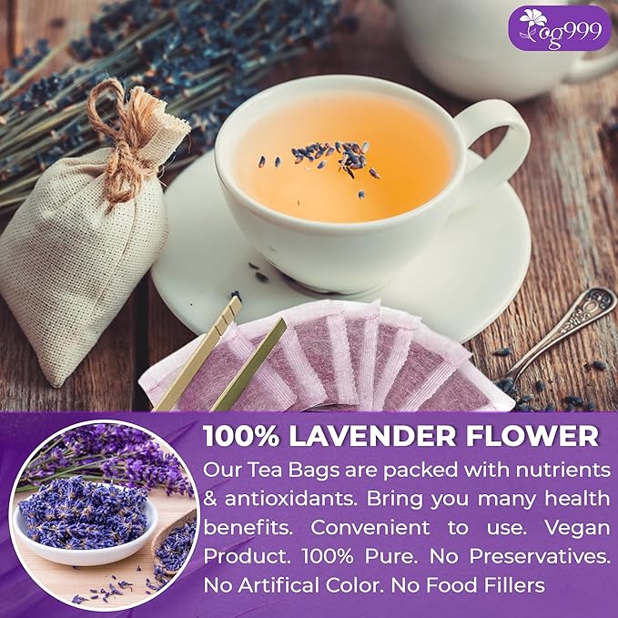 TOG999, Premium 30 Lavender Flower Tea Bags, 100% Natural & Pure from Lavender Flowers. Loose Flower Lavender Herbal Tea. Lavender Flower Tea. No Sugar, No Caffeine, No Gluten, Vegan.