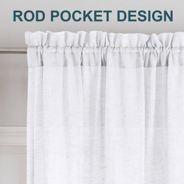 Turquoize Linen Sheer Rod Pocket Curtains 52x63in Set of 2 Pure White