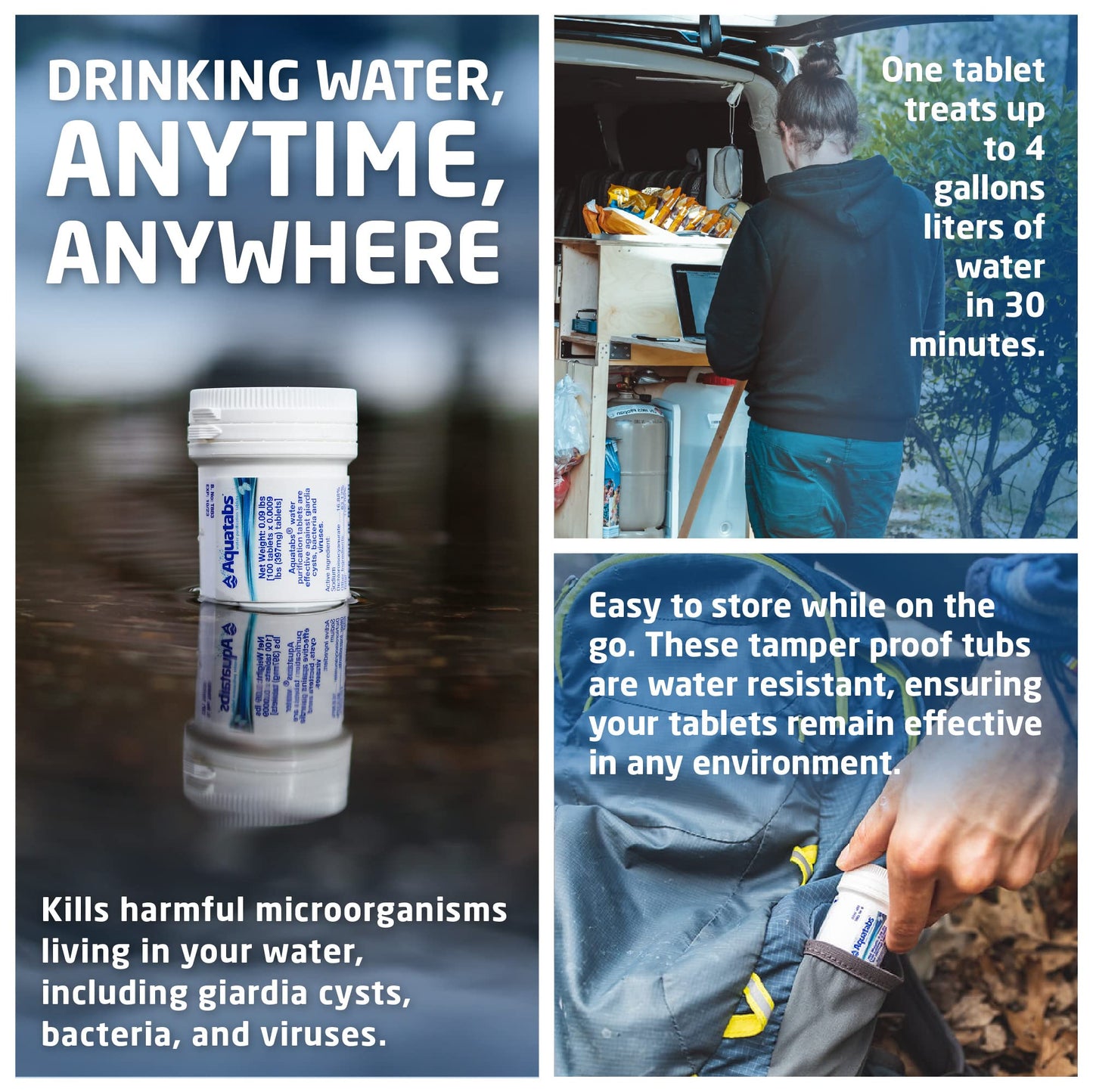 Aquatabs Water Purification Tablets (397mg, 100 Pack). Water Filtration System for Camping, Boating, Emergency Water, Survival Kit, and Marine. Easy-to-Use Water Purifier Treatment.