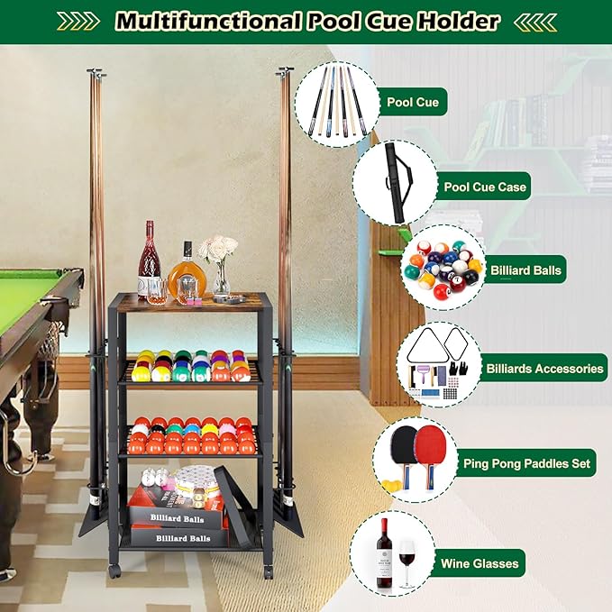 Pool Stick Holder Rack Stand for 8 Cue Sticks - Billiard Game Room Storage Cart with Organizer for Balls, Pool Table Accessories and Equipment - Heavy Duty Floor Stand Cue Stick Rack for Home or Bar