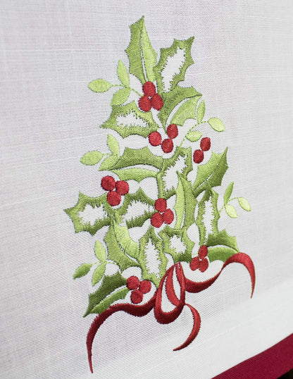 Fennco Styles Embroidered Holly Christmas Tree Double-Layer Holiday Tablecloth