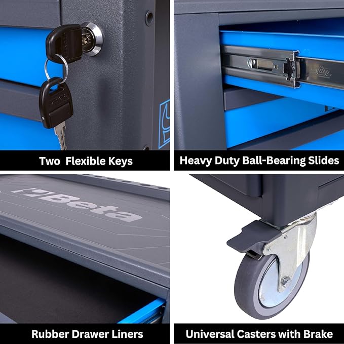 Beta RSC24 Heavy Duty Rolling Tool Cabinet, 5 Drawers, Blue, Ball Bearing Slides, Rubber Mat Liners, 5" Casters, Anti-Fall Edge Worktop, 1760 lbs Load Capacity, Made in Italy