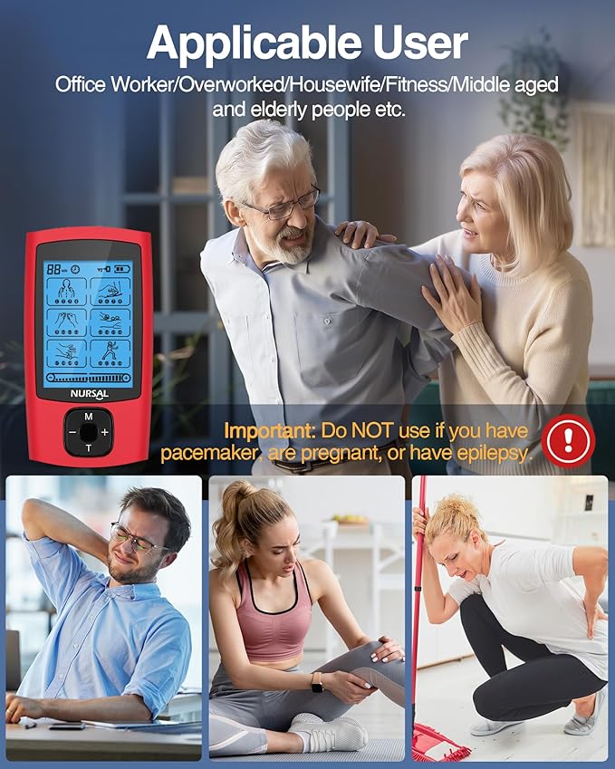 NURSAL 24 Modes TENS Unit Muscle Stimulator, Rechargeable Electronic Pulse Massager with 8 Pads for Back and Shoulder Pain Relief and Muscle Strength (Red)