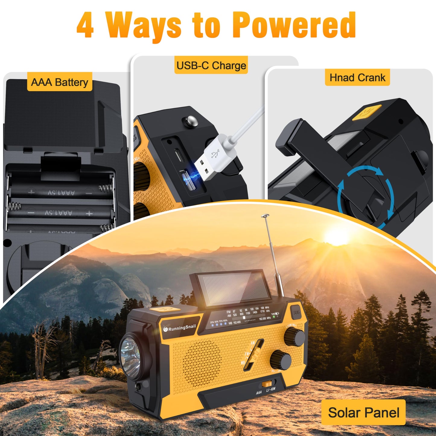 Emergency Crank Weather Radio: AM/FM/NOAA Weather Radio with 3 Built-in Cable - Hand Crank Radio with 2000mAh, Solar Charge, Hand Crank & Battery Operated, SOS Alarm, Flashlight for Outdoor Emergency
