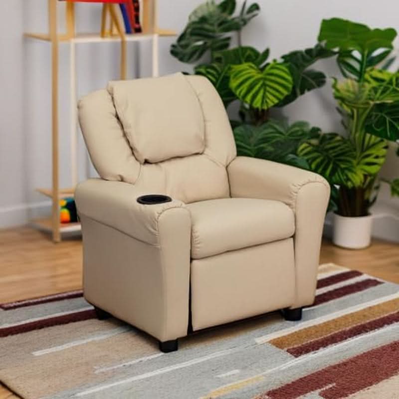 Beige Kids Recliner With Cup Holder For Cozy Seating