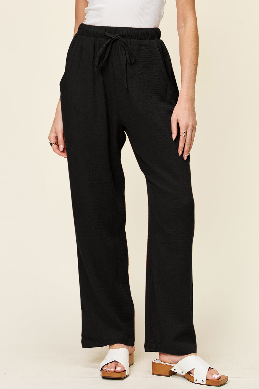 Textured Drawstring Straight Leg Pants