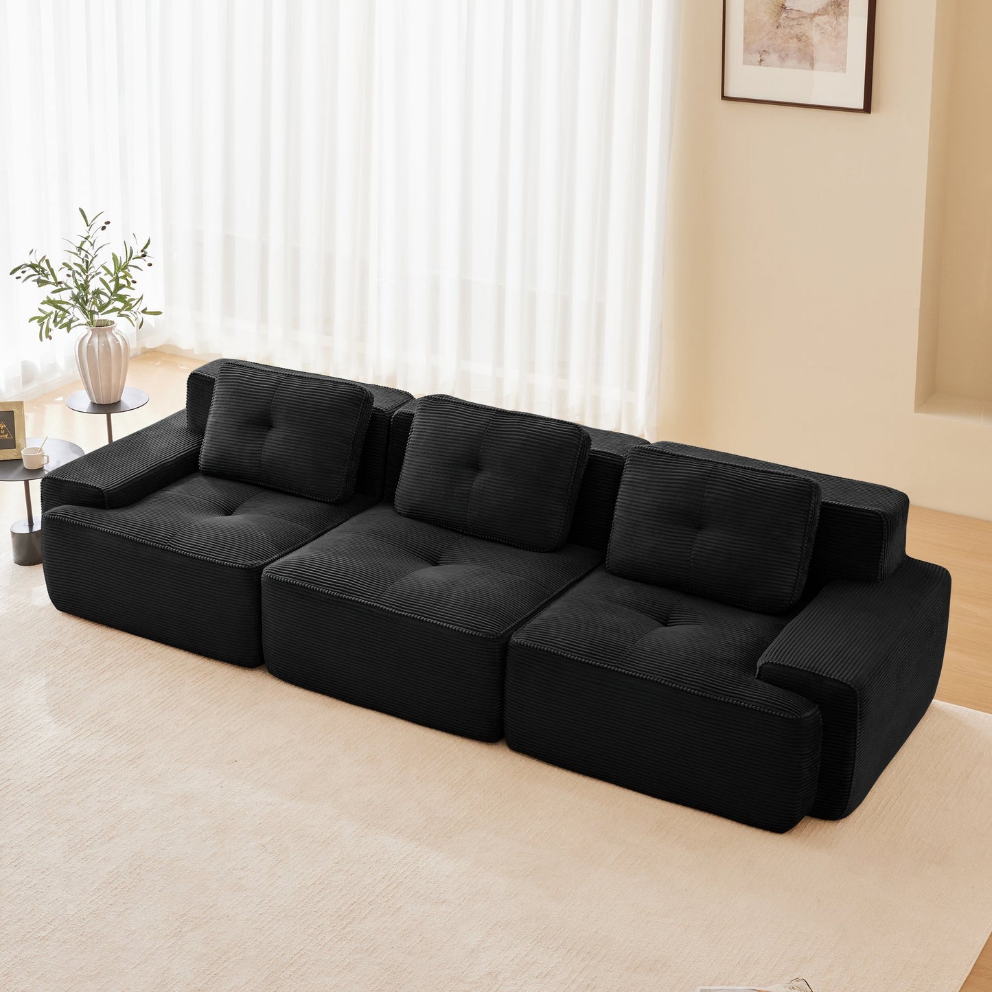 Sectional Sofa Modular Corduroy Black 3 Seat Tufted No Assembly