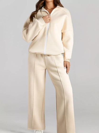 Drop Shoulder Zip Up Jacket and Drawstring Pants Active 2pcs Set