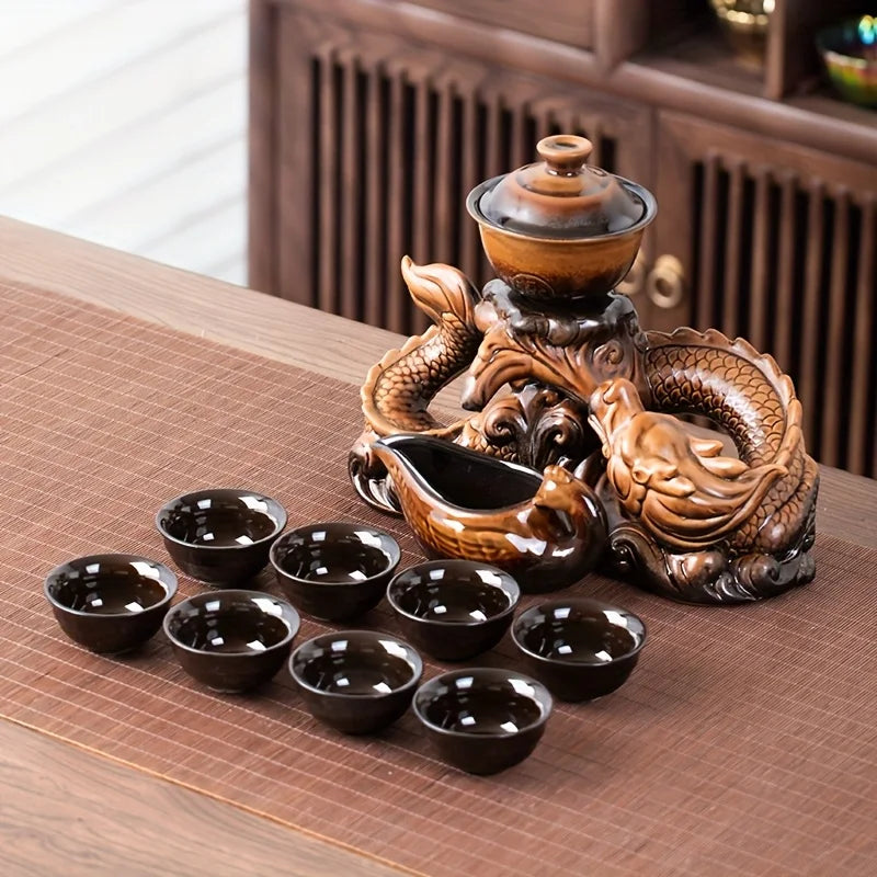 Coiling Dragon Ceramic Teapot Set – Rotating Spout “Lazy Brewer” Tea Set