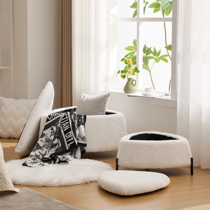 Ivory Faux Fur Upholstered Storage Ottoman Set with Metal Legs