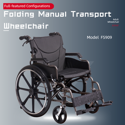 Wheelchair Manual Transport Folding Carbon Steel 18 In Seat Memory Foam Dark Gray