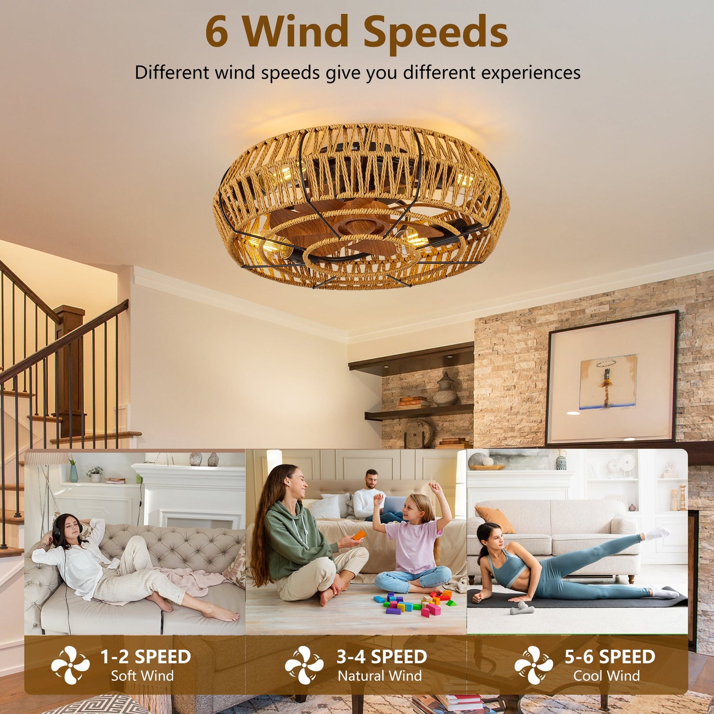 Ceiling Fan Caged Boho Flush Mount with Light Remote 6 Speed 19 In