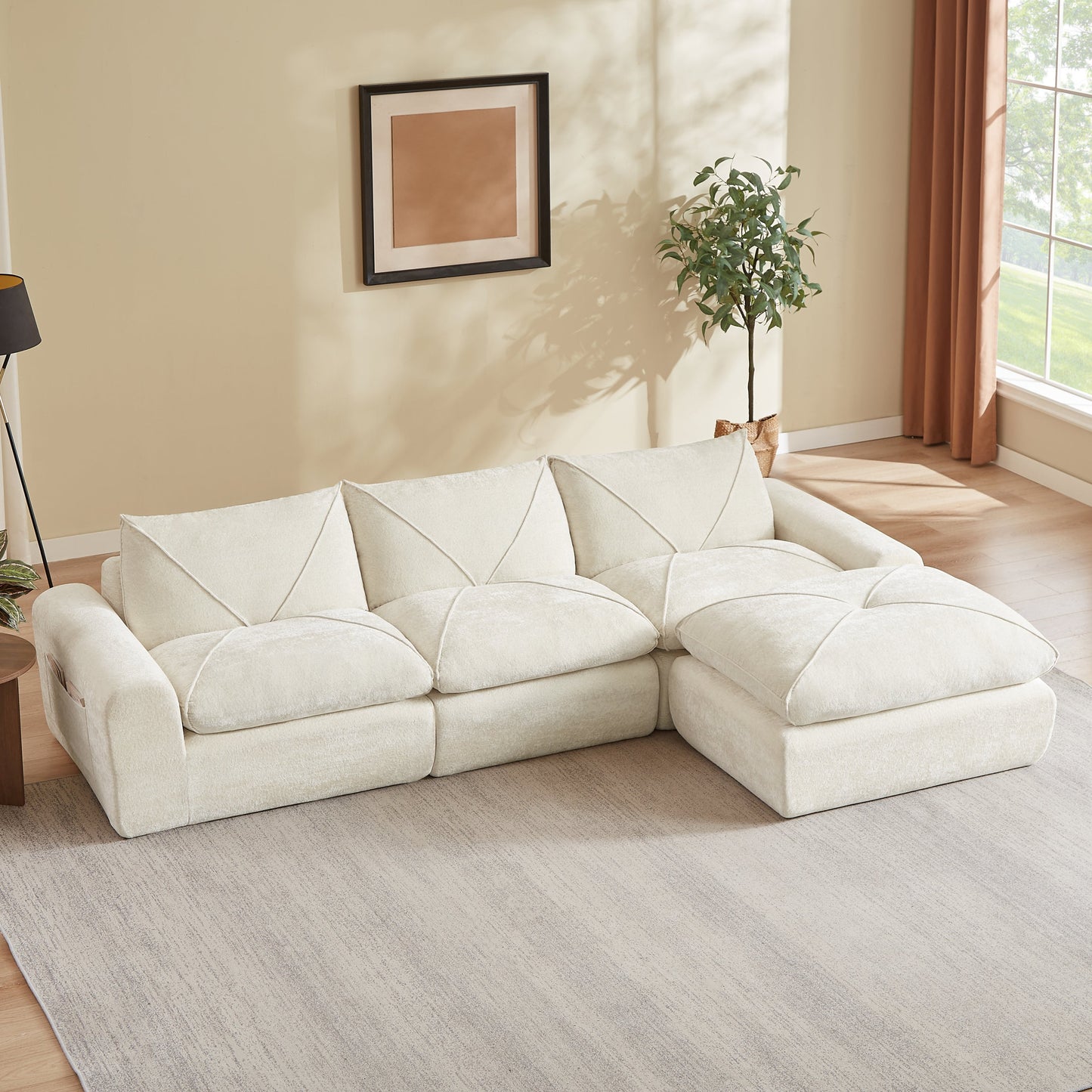 Sofa Modern Chenille Beige 4 Seat with Footrest 119 In