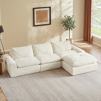 Sofa Modern Chenille Beige 4 Seat with Footrest 119 In