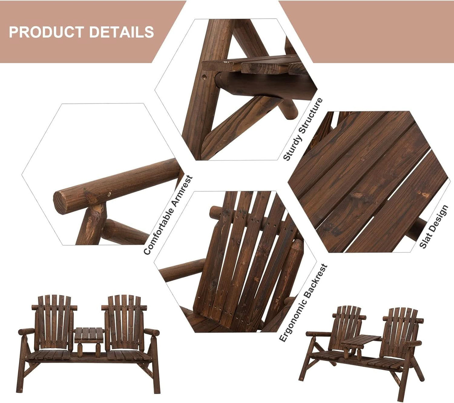 Two-Seat Wooden Adirondack Chair With Integrated Table