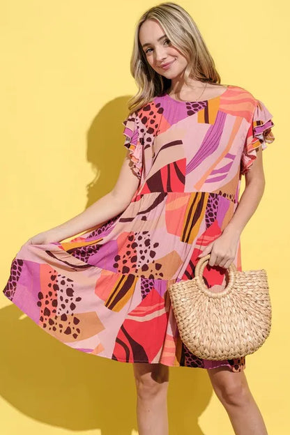 And The Why Printed Double Ruffles Sleeve Dress