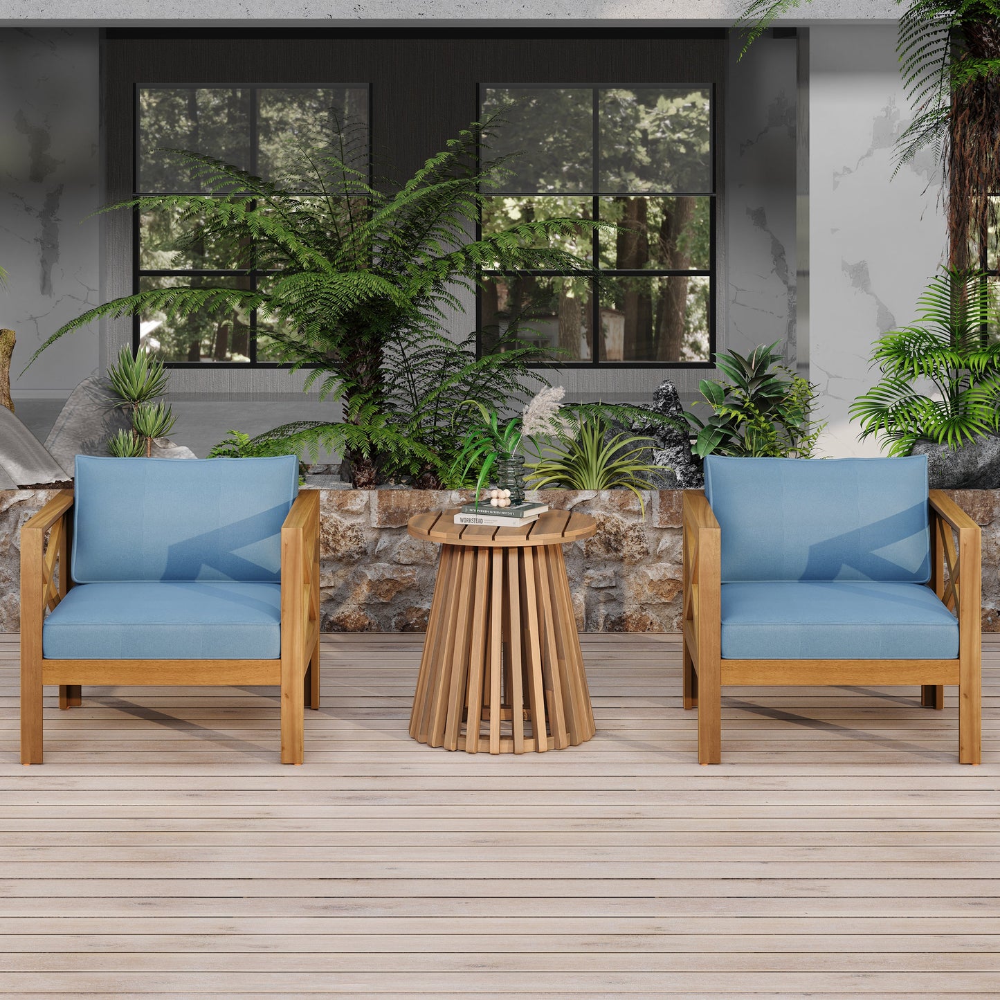 Outdoor Conversation Set Acacia Wood 3 Piece Club Chairs
