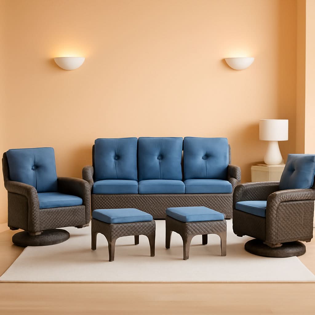 Six Piece Patio Conversation Set Brown Wicker Blue Cushions