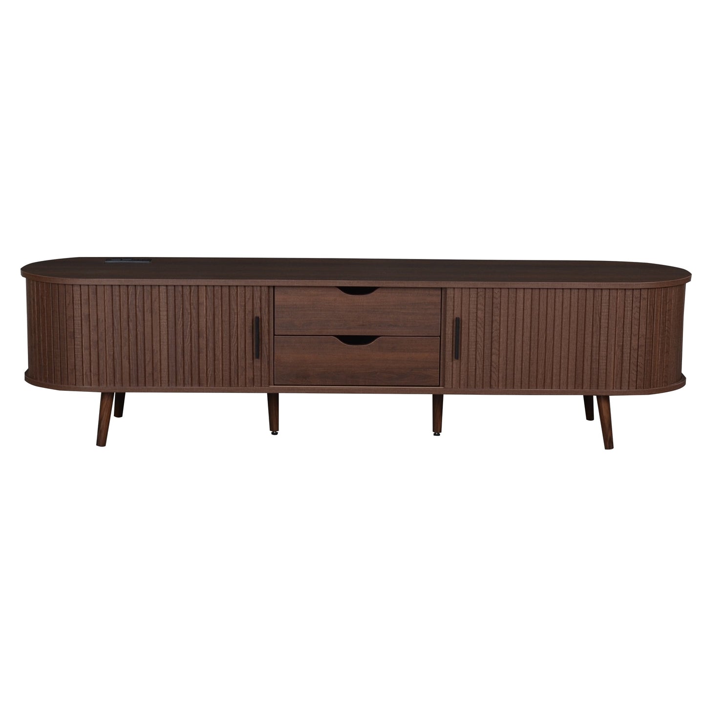 TV Stand Mid-Century Dark Brown MDF Tambour Door 2 AC 2 USB Fits 80 In TV