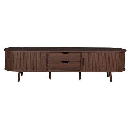 TV Stand Mid-Century Dark Brown MDF Tambour Door 2 AC 2 USB Fits 80 In TV