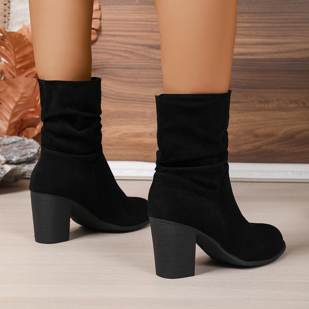 Womens Fashionable Plus-size Suede Chunky-heel Boots