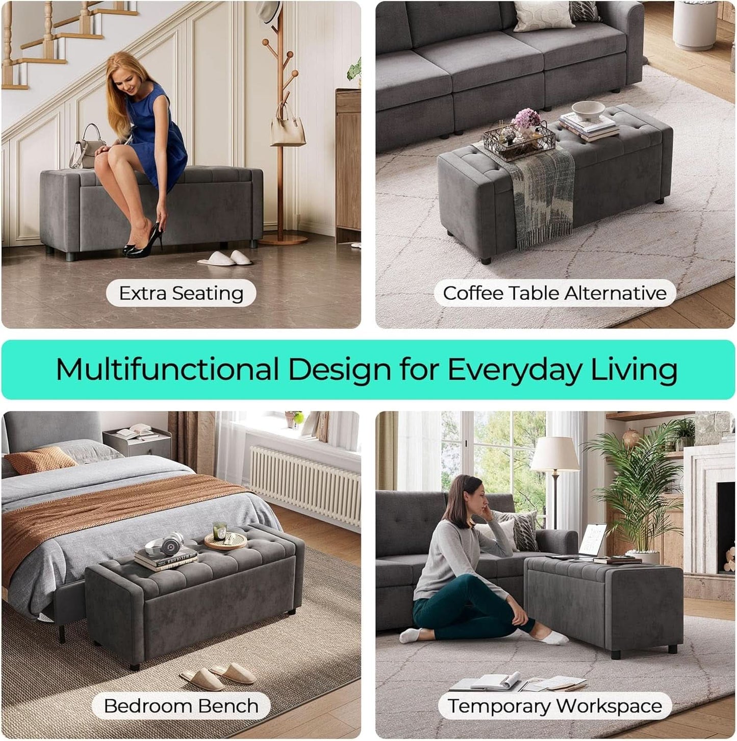 50 Inch Grey Luxurious Upholstered Storage Ottoman