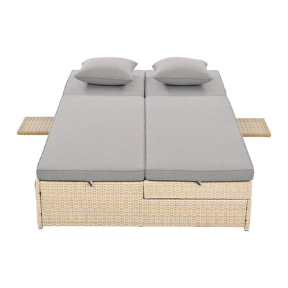 Outdoor Double Sunbed, Wicker Rattan Patio Reclining Chairs with Adjustable