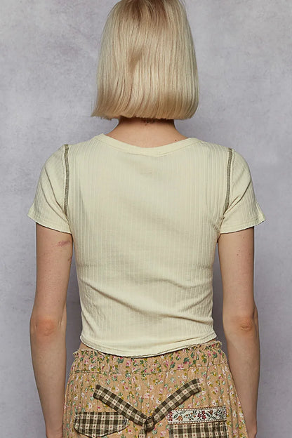 POL Contrast Stitching Round Neck Crop T-Shirt