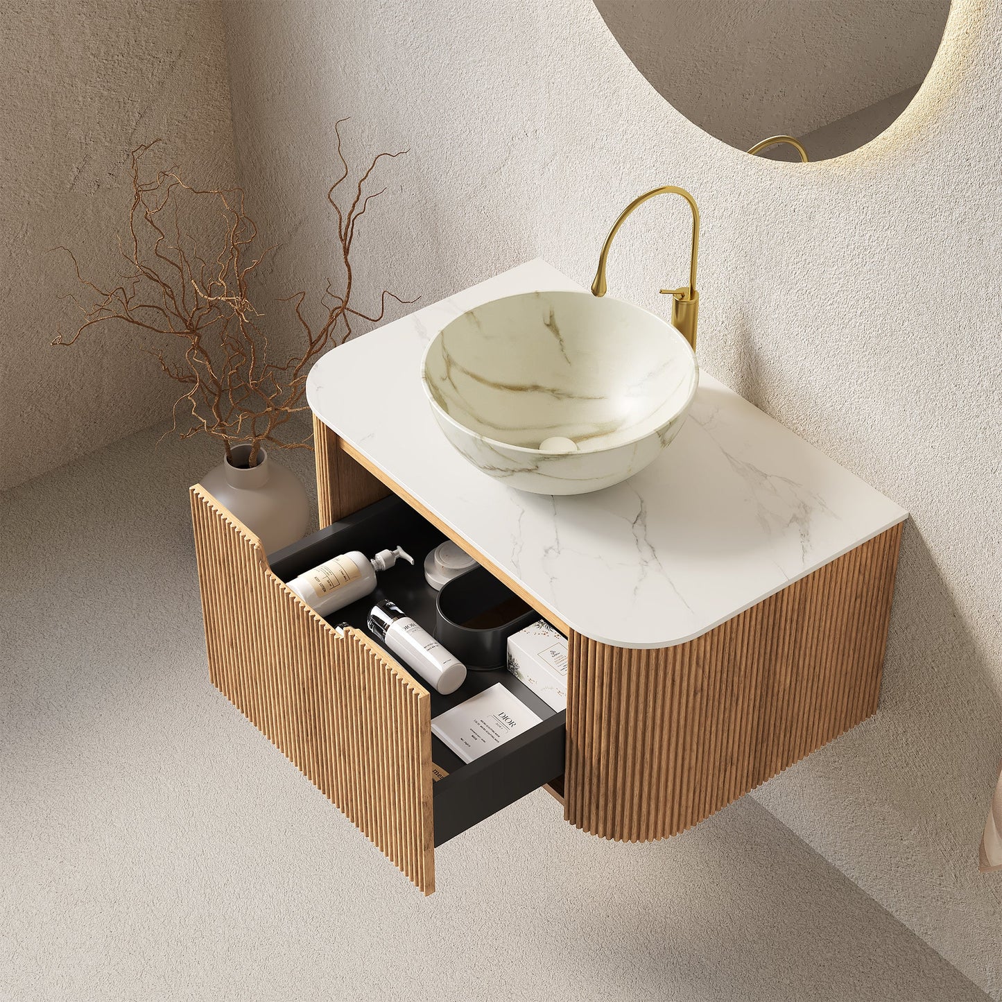 30' Bathroom Vanity&Sink, Floating Curved Edges Striped Storage Cabinet with ...