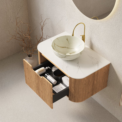 30' Bathroom Vanity&Sink, Floating Curved Edges Striped Storage Cabinet with ...