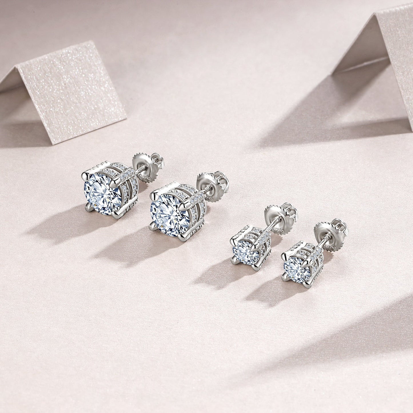S925 Sterling Silver Moissanite Stud Earrings, 0.5&2ct D-VVS1 4-Prong Basket Pave With Screw Backs, GRA Certificate Gift Box