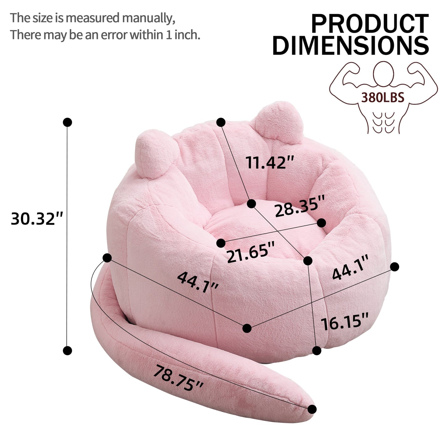 Pink Cat-shaped Adult Bean Bag Sofa with High-Density Foam, Faux Fur Upholstery
