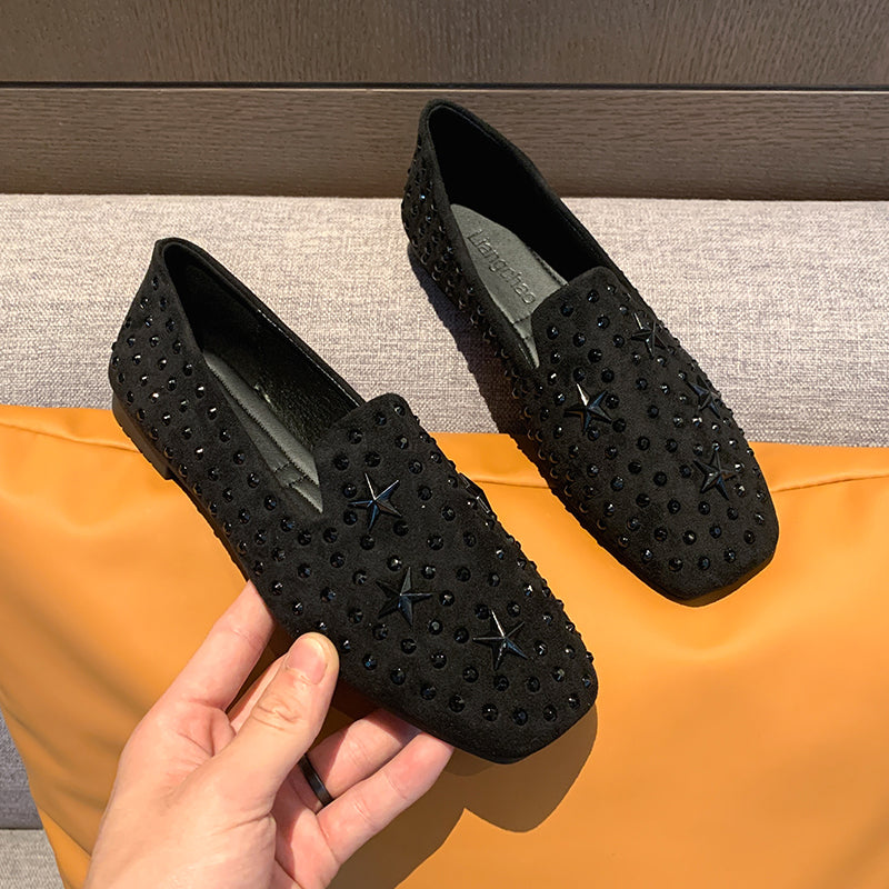 2026 Fall New Square Toe Rhinestone Flat Moccasins, Soft Sole Slip On Loafers For Wide Feet Women