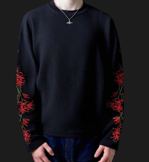 Mens Relaxed-fit Crew-neck Floral-embroidered Long-sleeve Top