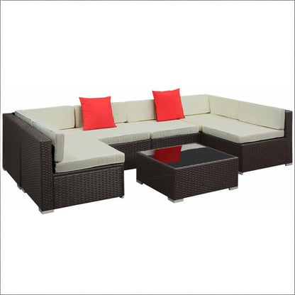 7 Piece Outdoor Sectional Set PE Rattan Beige Cushion