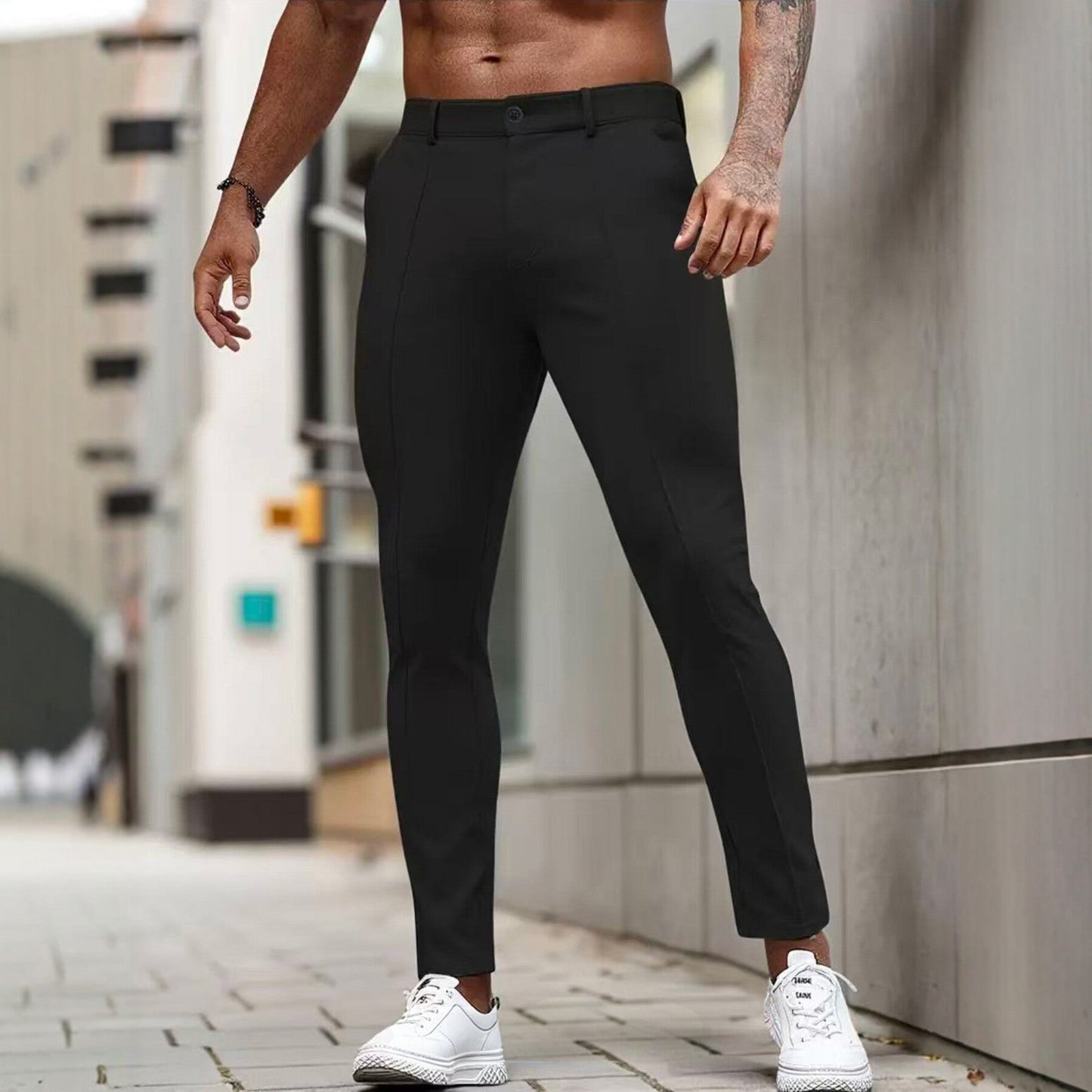 Mens Slim-Fit Solid-Color Stretch Cropped Dress Trousers