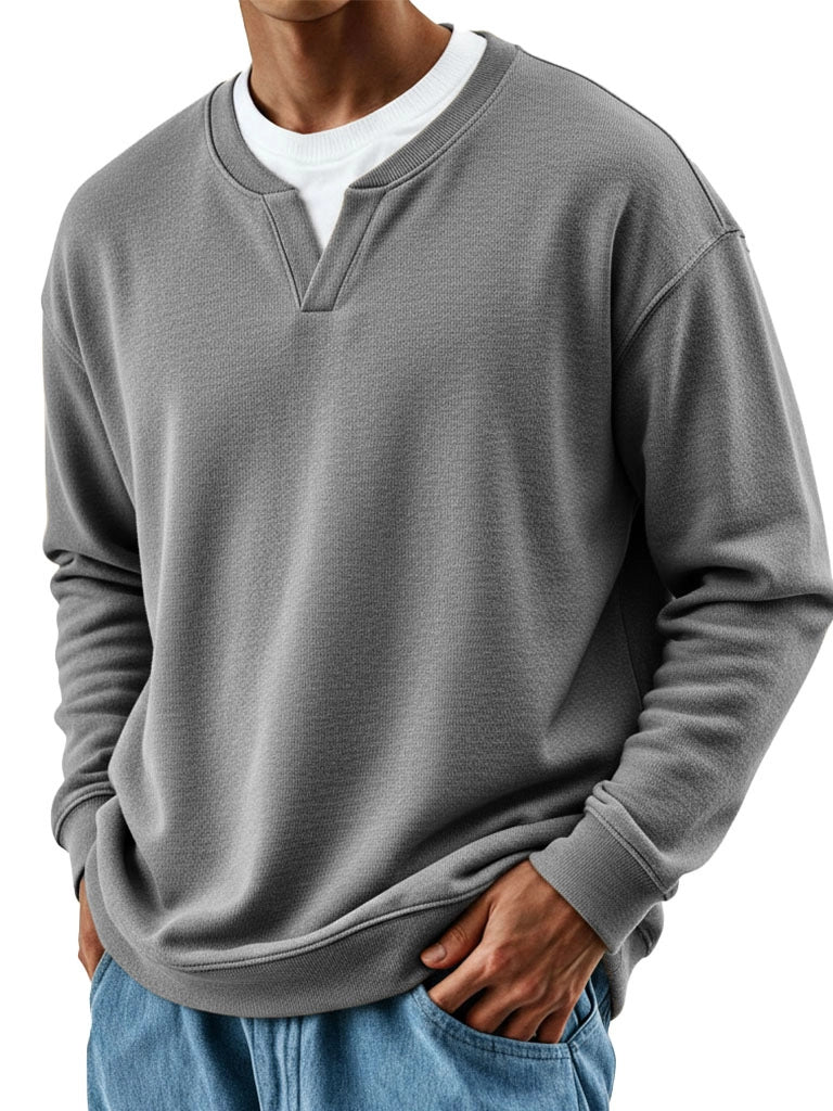 Mens Patchwork Mock Two-Piece Crew-Neck Long-Sleeve Top