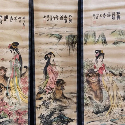 Chinese “Tiger Girl” Four‑Screen Calligraphy & Painting Scroll