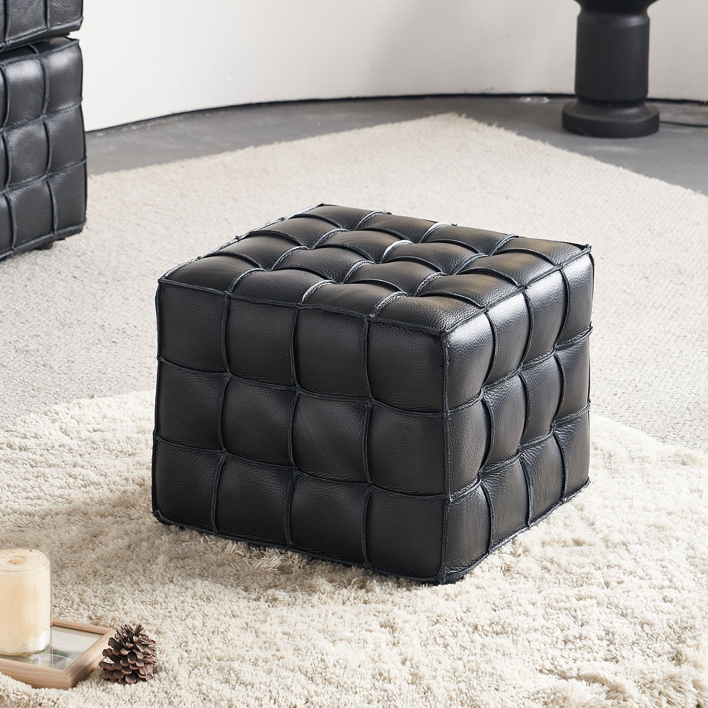 17.32'' Quality Leather Tufted Ottoman Footstool for Living Room, Black