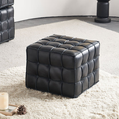 17.32'' Quality Leather Tufted Ottoman Footstool for Living Room, Black