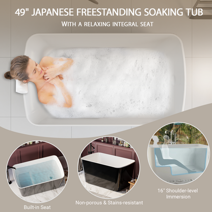 49in Acrylic Freestanding Soaking Bathtub, Square Japanese Sit-In, Glossy Blac