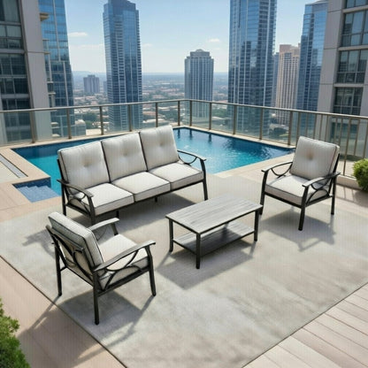 Outdoor Patio Set Metal Black Gray Cushion 4 Piece Seats 5