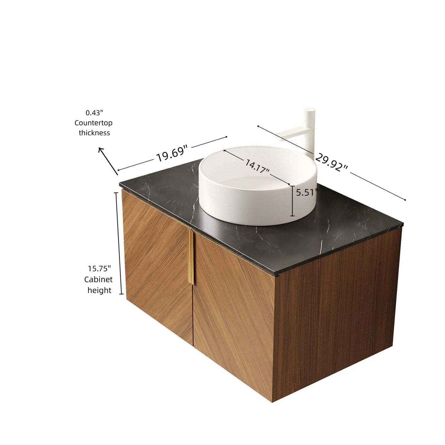 30' Bathroom Vanity with Sink, Wall-Mounted Plywood Cabinet Black Sintered Stone Top