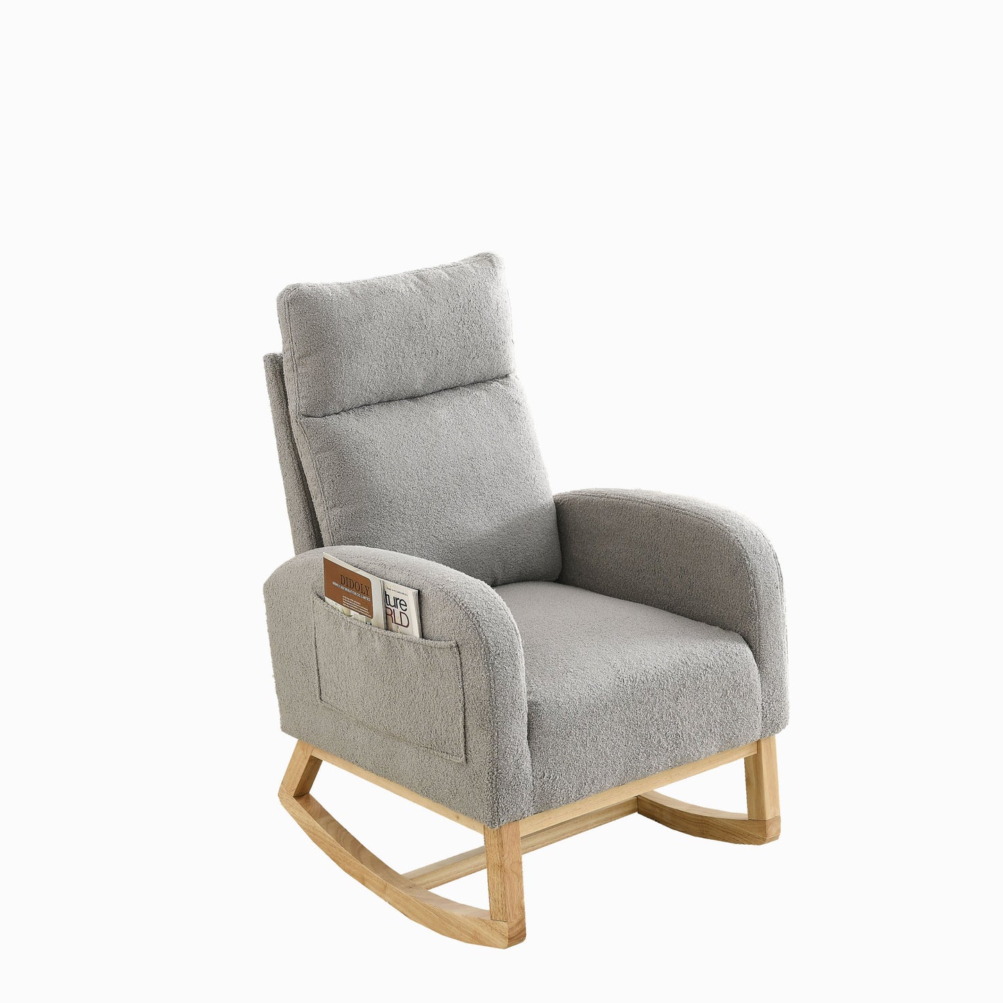 Gray Teddy Fabric Rocking Chair High Back Side Pockets 27.6